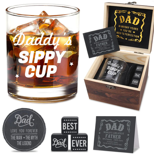 Daddy’s Sippy Cup — Whiskey Glass Gift Set for Dad (Wood Box + Whiskey Stones)